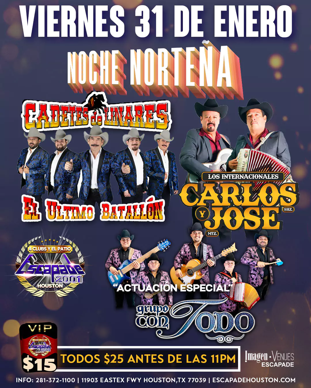 Poster oficial del evento Noche Norteña en Houston: Cadetes de Linares, Carlos y José, y Grupo Con Todo en Escapade 2001