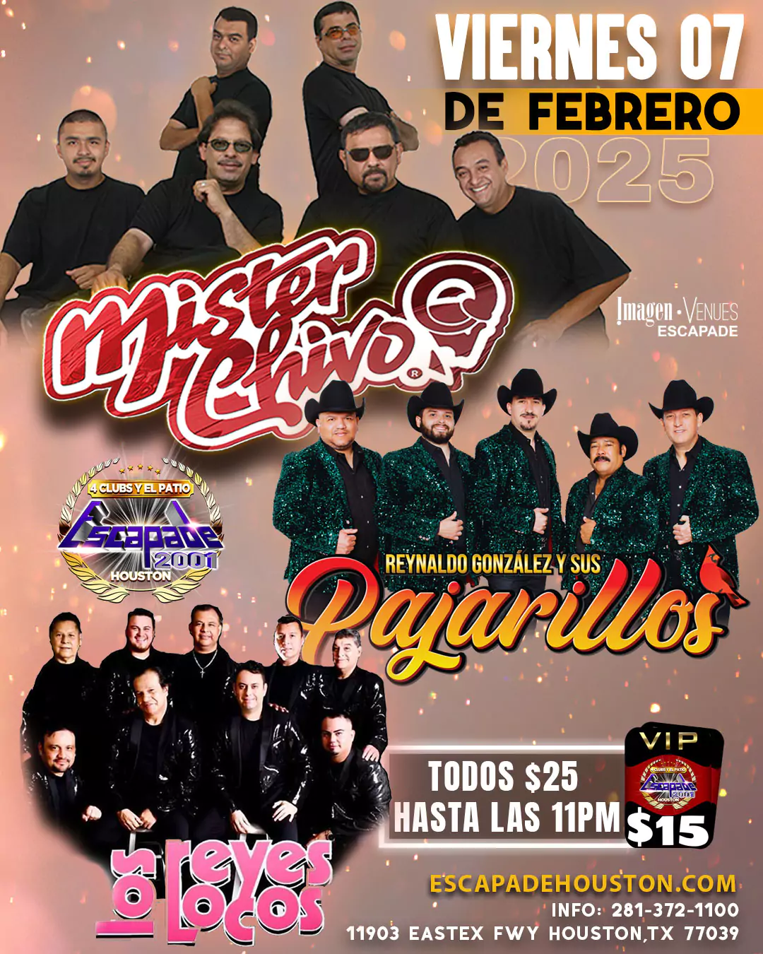 Poster oficial del concierto de música en vivo en Houston con Mister Chivo, Reynaldo González y Los Reyes Locos, el 7 de febrero en Escapade 2001