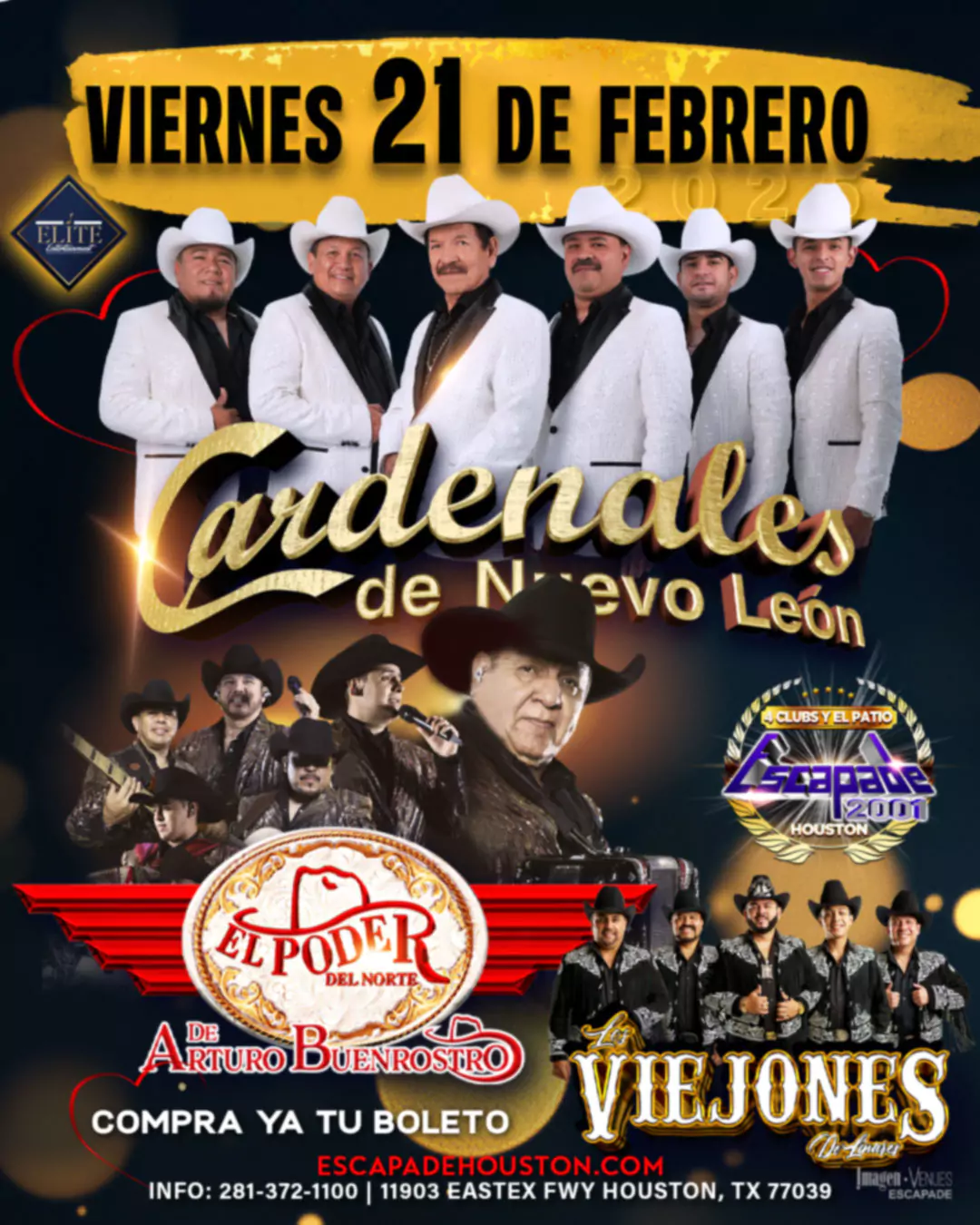 Poster oficial del concierto en Houston: Cardenales de Nuevo León, El Poder del Norte y Los Viejones de Linares el 21 de febrero en Escapade 2001