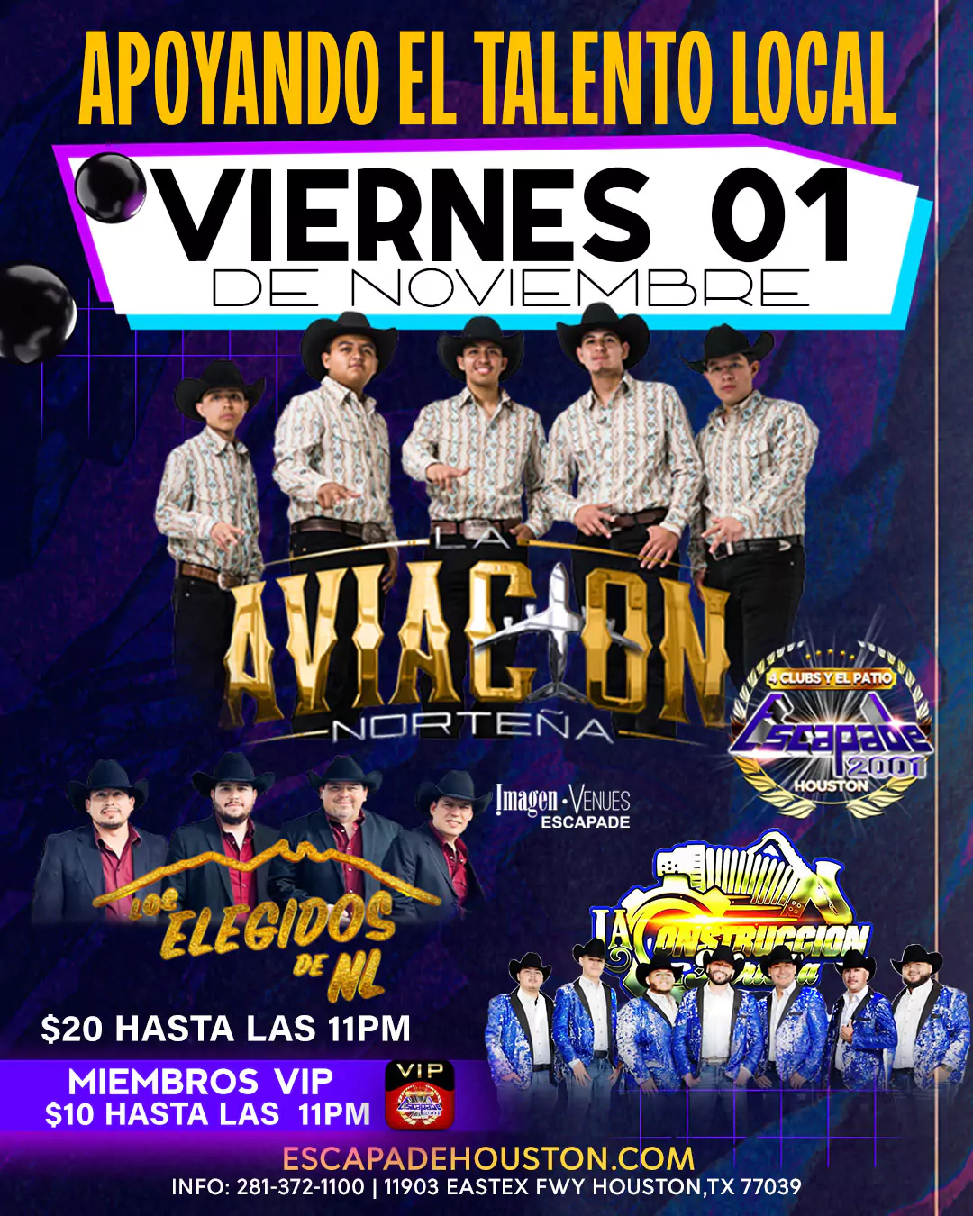 Poster del concierto de La Aviación Norteña, Los Elegidos de NL y La Construcción Norteña en Escapade Houston el viernes 1 de noviembre