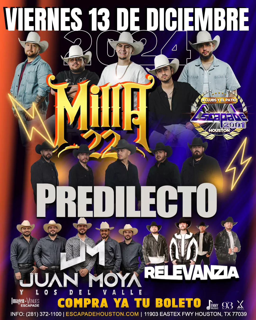 Póster del concierto de Milla 22, Predilecto, Juan Moya y Relevanzia en Escapade Houston – Viernes 13 de Diciembre 2024