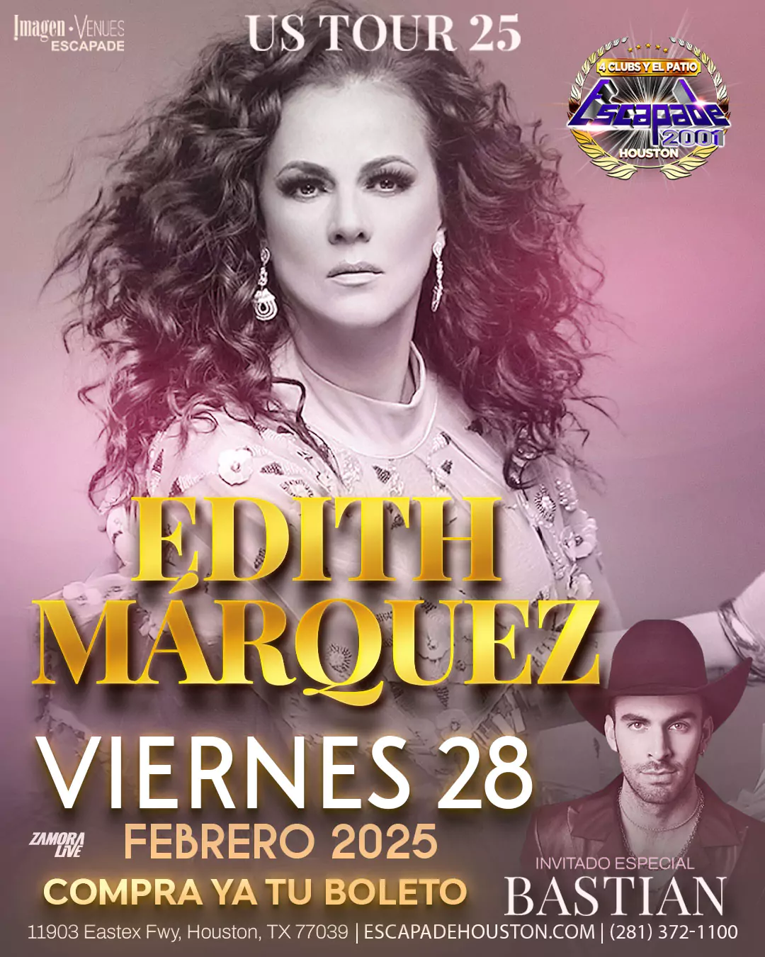 Poster del concierto de Edith Márquez con invitado especial Bastian en Escapade Houston el viernes 28 de febrero de 2025