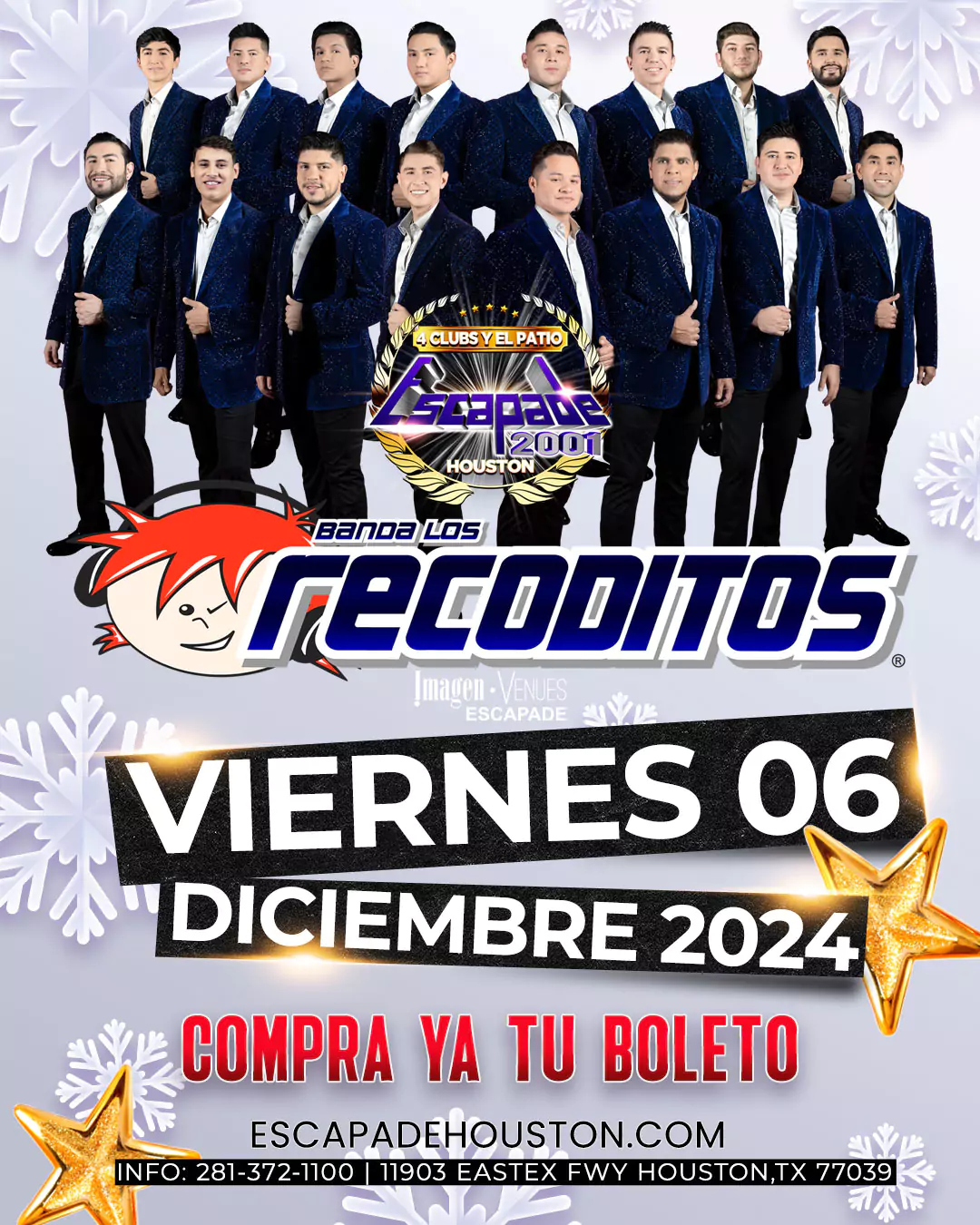 Poster del concierto de Banda Los Recoditos en Escapade Houston el viernes 6 de diciembre, boletos disponibles