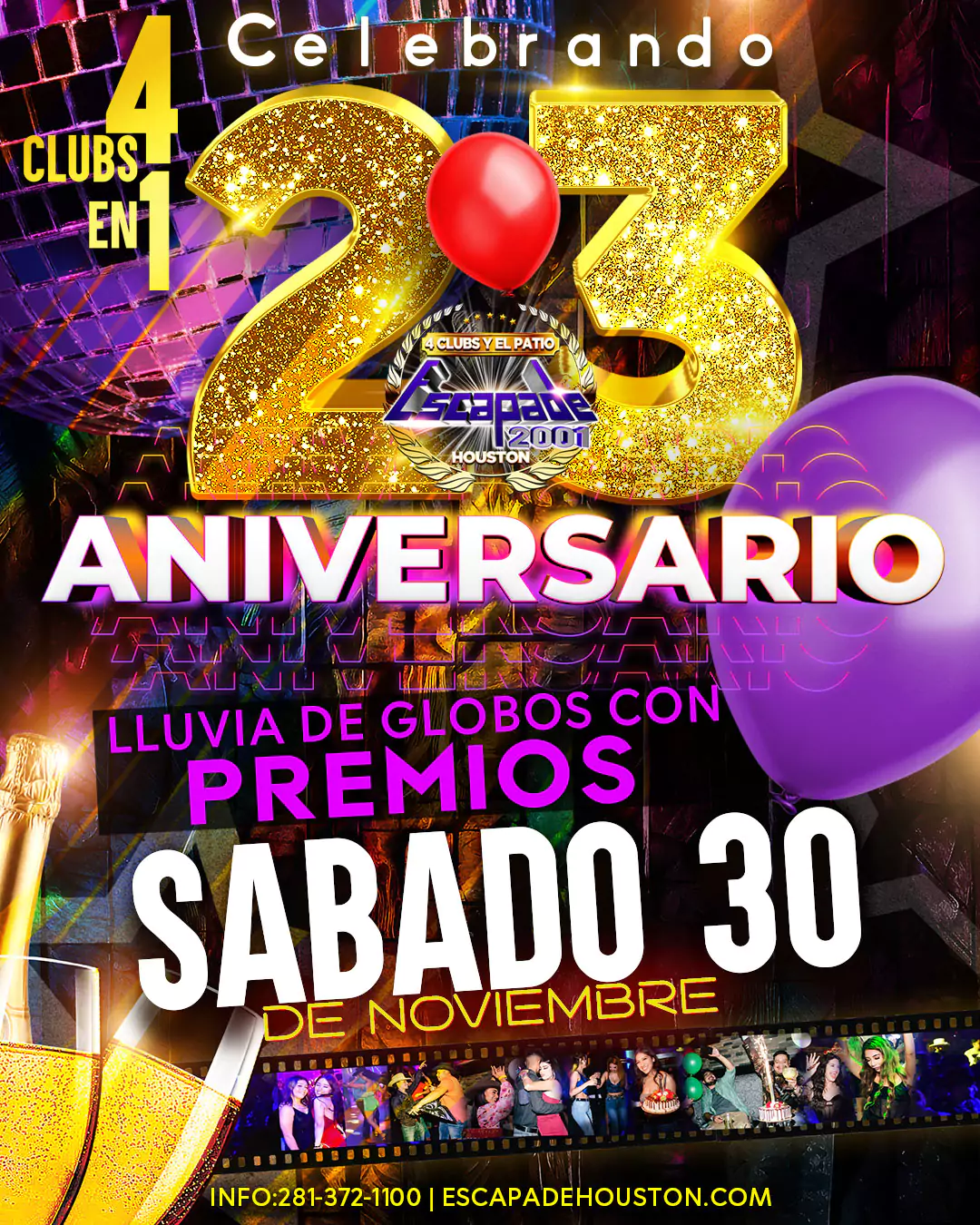 Poster del 23 aniversario de Escapade 2001 Houston con lluvia de globos y premios el sábado 30 de noviembre