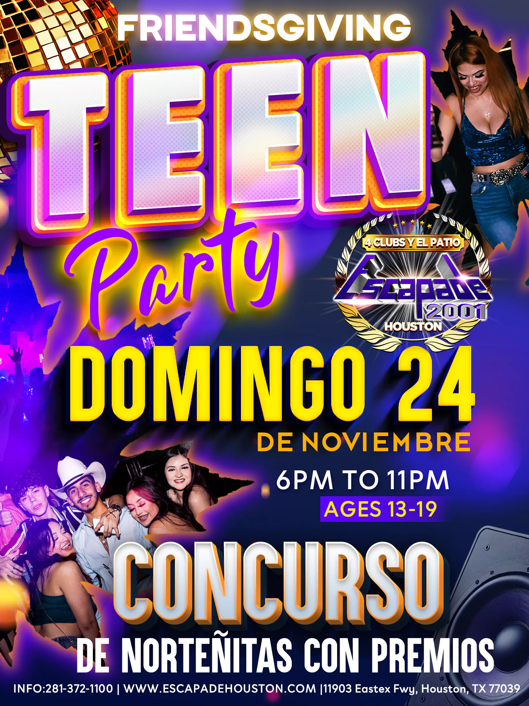 Poster del evento Friendsgiving Teen Party en Escapade Houston el domingo 24 de noviembre para jóvenes de 13 a 19 años